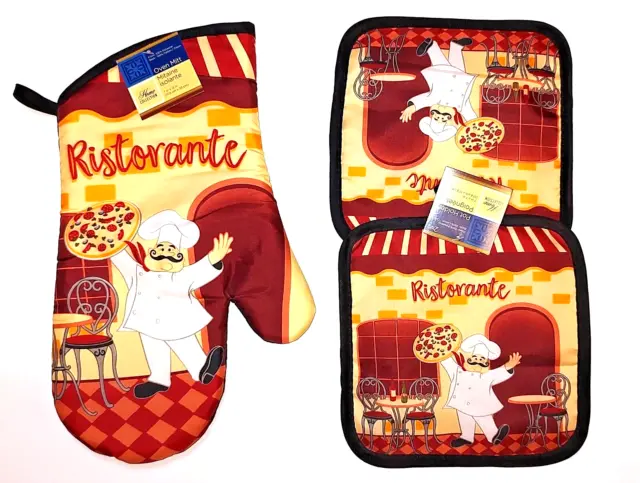 3 Piece Italian Chef Oven Mitt Potholders Set Chef Themed Kitchen Decor