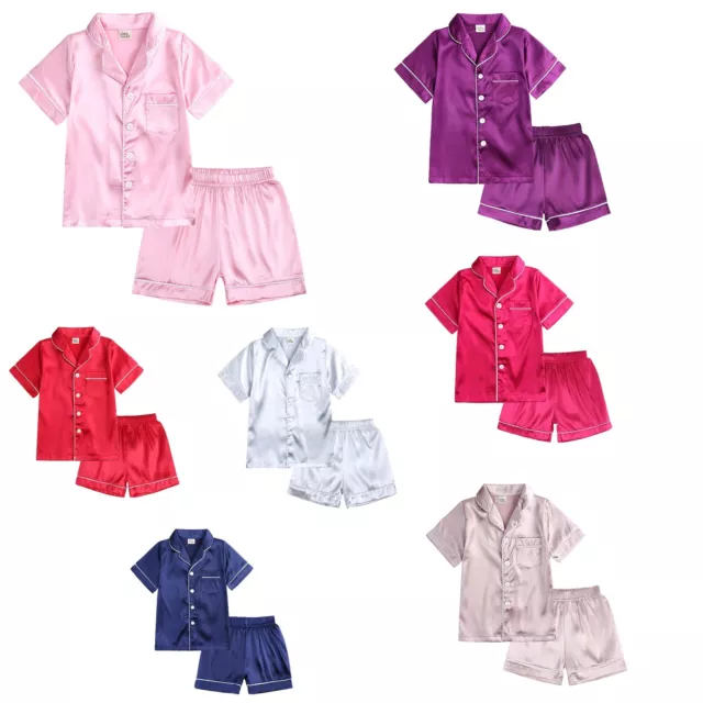 Boys Girls Silk Pyjamas Set Nightwear T-Shirt Shorts Pjs Satin Sleepwear Outfits