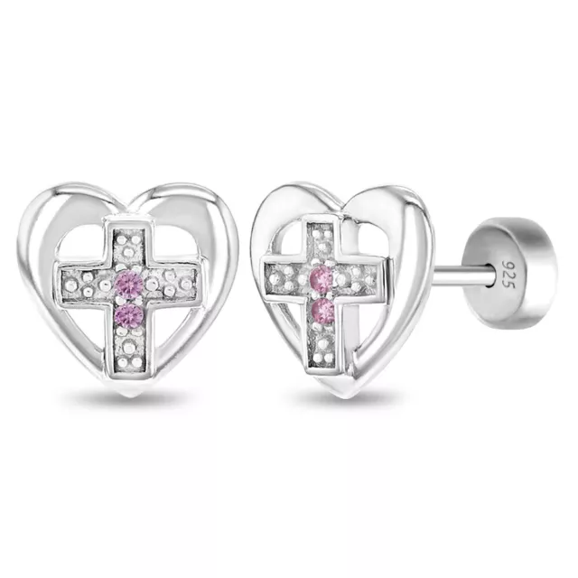 Heart Cross Kids / Childrens / Girls Earrings Safety Push Back - Sterling Silver