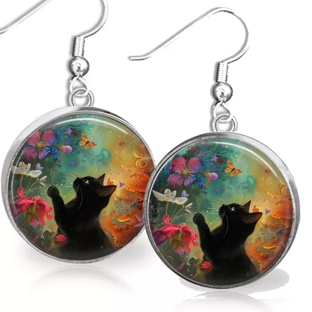 Black Cat & Butterfly Earrings Boho Watercolor Art Print Kitty Cat Mom Gift