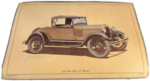 Vintage Vinyl Protected Placemat with a 1928 Model A Roadster Signed Artwork