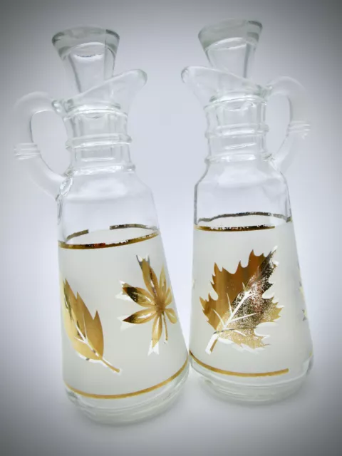 Vintage • Anchor Hocking "Starlyte" Gold Leaf Glass Cruet Oil Vinegar Set
