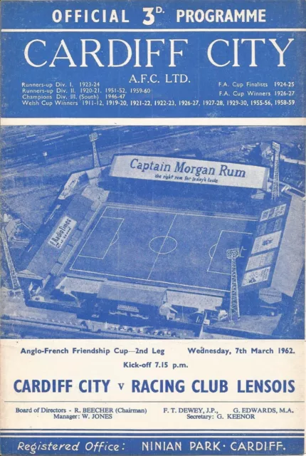 1961/62   CARDIFF CITY v RACING CLUB LENSOIS   Anglo-French Friendship Cup