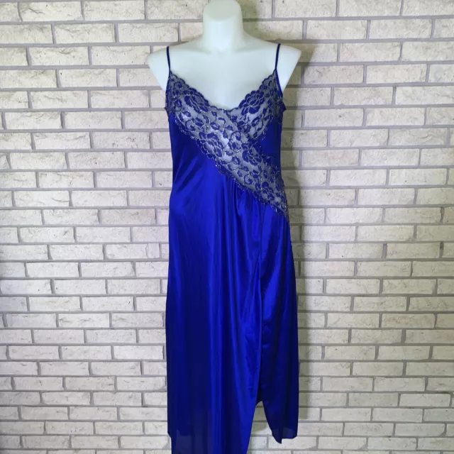 Vintage Colesce Couture Blue Nylon Opaque Gold Scalloped Lace Night Gown Size XL