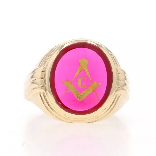 Yellow Gold Blue Lodge Men's Master Mason Ring - 10k Lab-Created Ruby Masonic