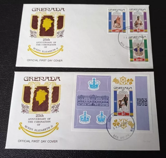 Grenada 1978 25th Anniversary of the Coronation Set & M/s on First Day Covers