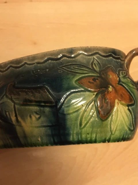 Dutch Delft Majolica Oval Twin Handle Bowl Flowers Bird House Boat Windmill 2