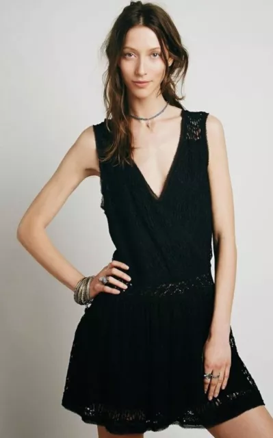 New Free People First Bloom Deco Black Lace Dress Relaxed Fit Size Large $168