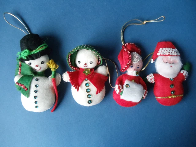 Vintage Bucilla Christmas Hanging Felt Ornaments Handmade Mr & Mrs SANTA Snowman