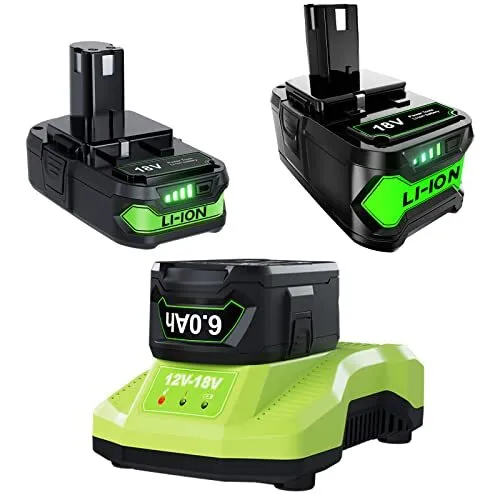 2Pack 18V Battery and Charger for Ryobi Lithium-ion 3.0Ah+6.0Ah P102 Battery ...