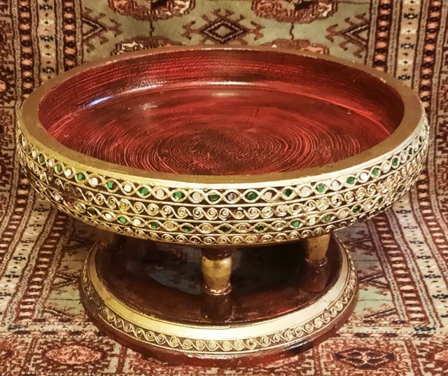 BURMESE ALTAR TABLE vtg thai temple buddha bowl sculpture gold gilt wood lacquer 5