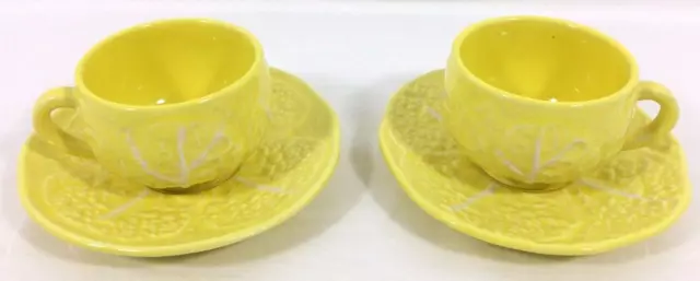 Vtg Portugal Pottery Majolica Yellow CABBAGE Leaf 2 CUPS & SAUCERS Set 4 Pc.