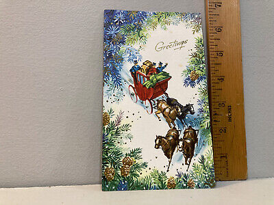 Vtg Christmas Card Stage Coach Snow Horses Embossed "Greetings" dkns