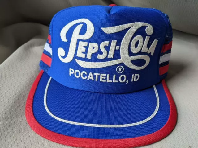 vintage PEPSI COLA trucker 3-STRIPE foam mesh SNAPBACK hat USA poccatello idaho