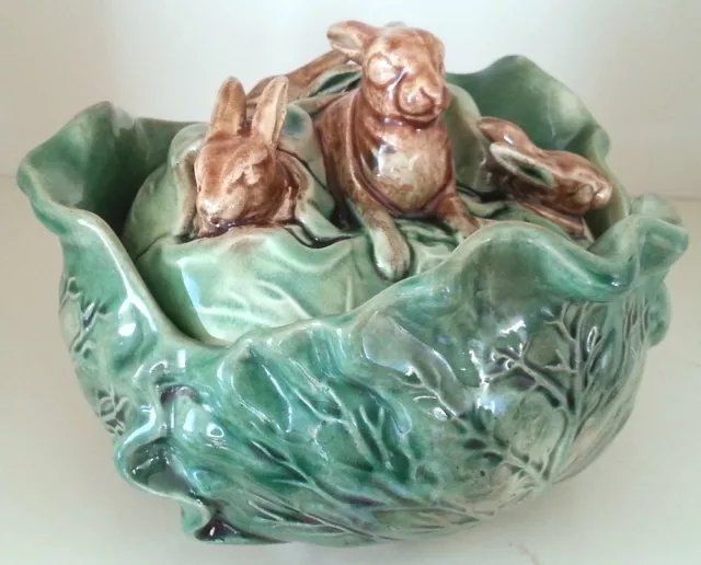 Pretty/Old Majolica Very RARE & NICE Rabbit Cover Bowl with Cabbage, Circa 1880