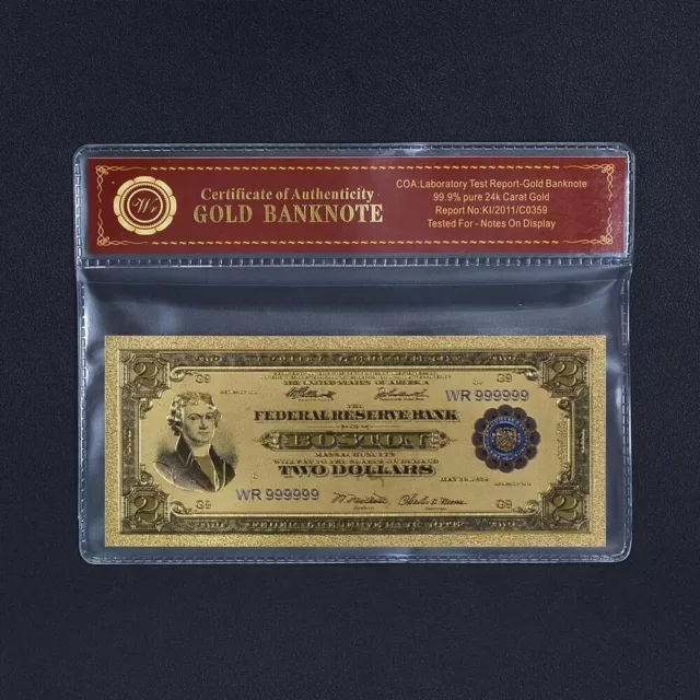 1918 $2 Dollar BankNote Collectible Gold Plated with Bag & Certificate