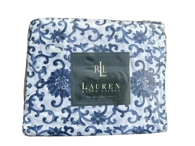 New IRREGULAR Ralph Lauren PORCELAIN ROSETTE  Blue White Flat Sheet Queen