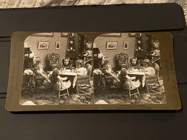 1900 Children's Tea Party Dolls Girls Stereoview Photo Card Great Condition