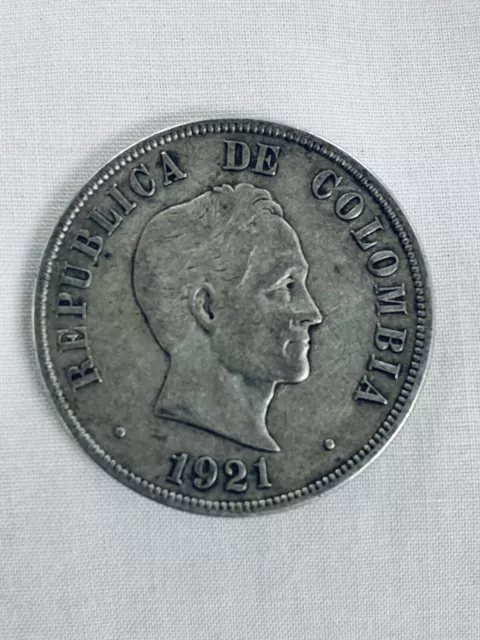 Colombia 1921 Silver 50 Centavos- Great Details