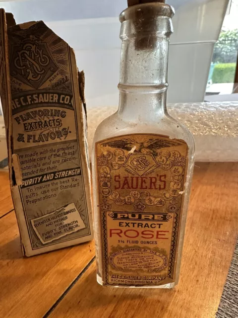 Antique Bottle In original Box,C.F. Sauer Co. Flavor Extracts, Pure Rose Extract