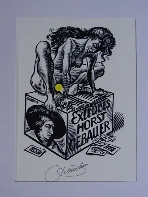 Erotisches Exlibris für Horst Gebauer. Lesender weiblicher Akt auf einem Quader