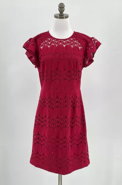 Trina Turk Burgundy Lace Sheath Dress Ruffle Sleeve Sz 10