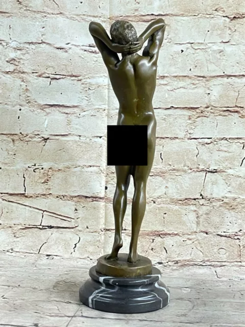 Signed Bronze Statue Gay Art Deco Nude Sculpture Figurine Marble Base Art Statue 3