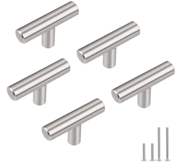 6Pack Gobrico Euro T Bar Kitchen Cabinet Handles Satin Nickel Dresser Pulls 2"