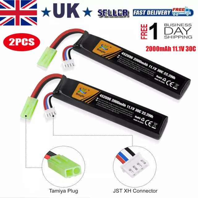 2pcs 11.1V 2000mAh Airsoft Stick Battery 30C LiPo Battery +Mini Tamiya Connector