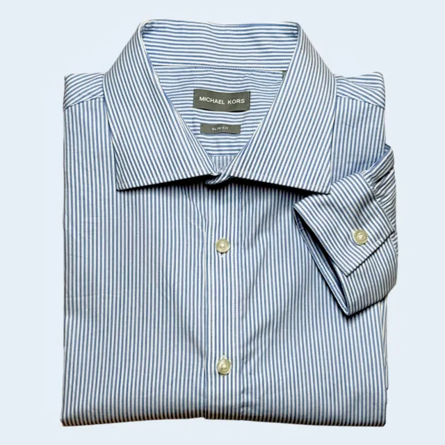 MICHAEL KORS Pinstripe Dress Shirt Button Up Slim Fit White Blue XL Neck 17