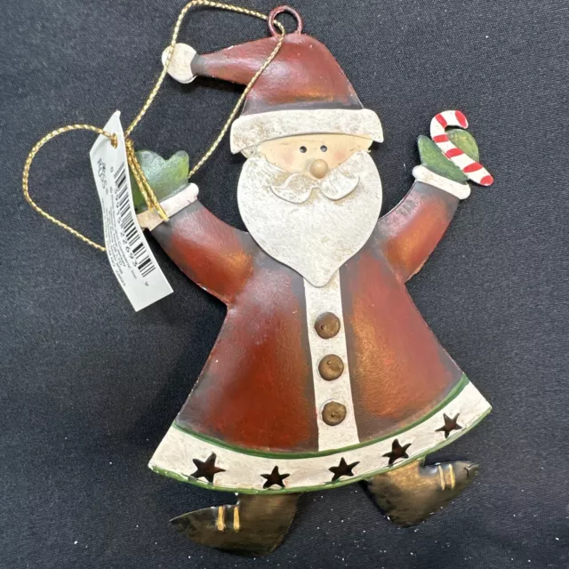 New Vintage Russ Berrie Santa Claus Tin Christmas Ornament 5", Tags