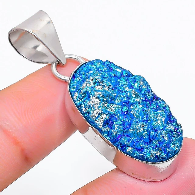 Titanium Druzy Gemstone Handmade 925 Sterling Silver Jewelry Pendant 1.77"