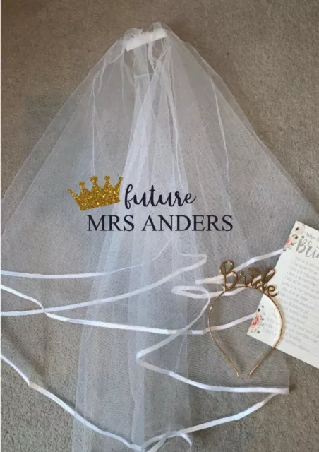 Personalised Future Mrs (Your Name) print hen party veil - GLITTER CROWN design