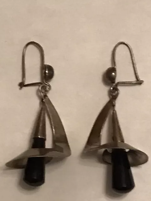 Vintage Taxco Mexico Sterling Silver Black Onyx Drop Pierced Earrings - See Pics