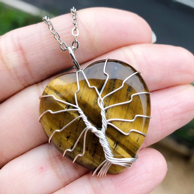 Tiger Eye Gem stone Tree of life Necklace Heart  Chakra Reiki Healing Amulet