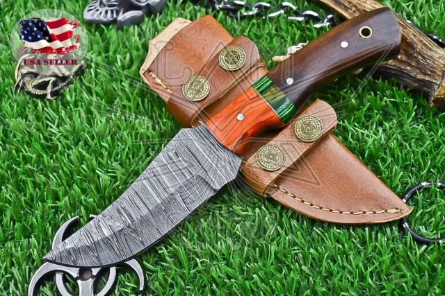 Custom Skinner Knife Damascus Walnut Wood Wooden Bolster Sports Rare 2