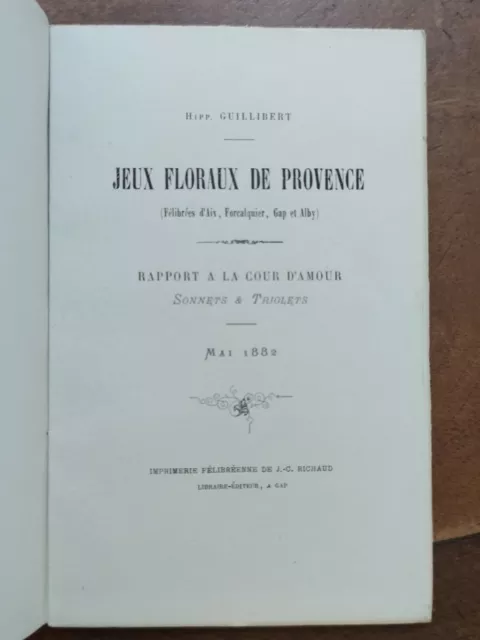 Jeux Floraux de Provence, 1882 / Hippolyte Guillibert / signé envoi