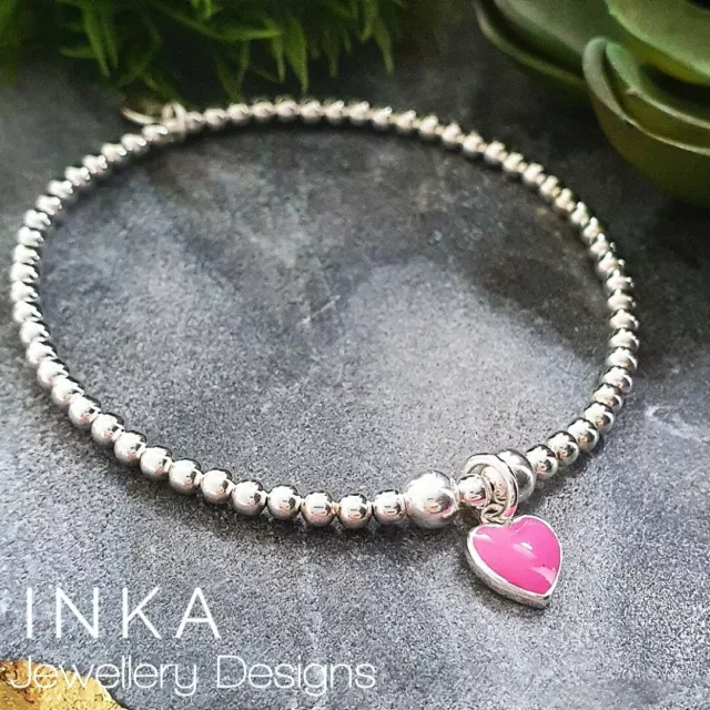 Inka 925 Sterling Silver stretch beaded Stacking Bracelet with Pink Heart charm