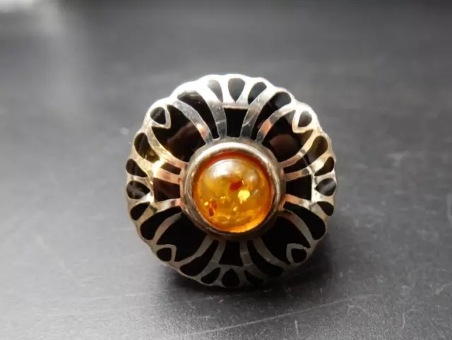 Belle Bague en Ambre et argent 925/1000  émail noir superbe taille 53 - 1980s'