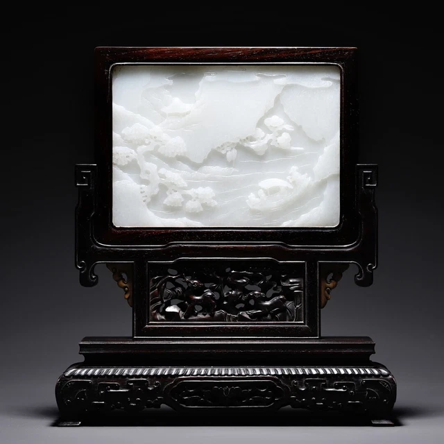 Chinese Exquisite Handmade Figures Landscape Inlaid Hetian Jade Statue Screen