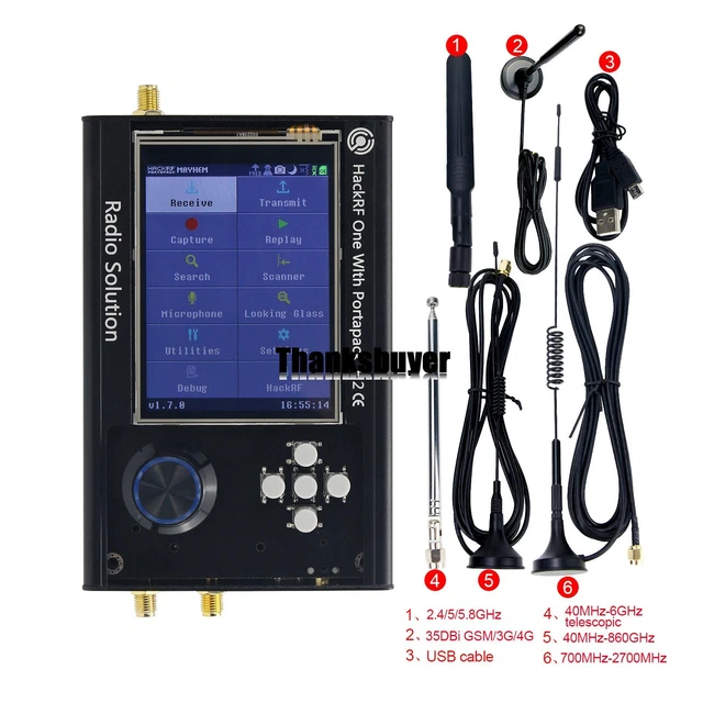 PortaPack H2+HackRF One R9 V1.8.x+5 Antennas+Data Cable 1MHz-6GHz SDR Radio Assm