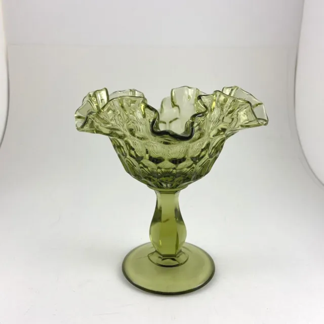 Vintage Indiana Glass Green Candy Dish Bowl Stemmed 6" Ruffled Scalloped