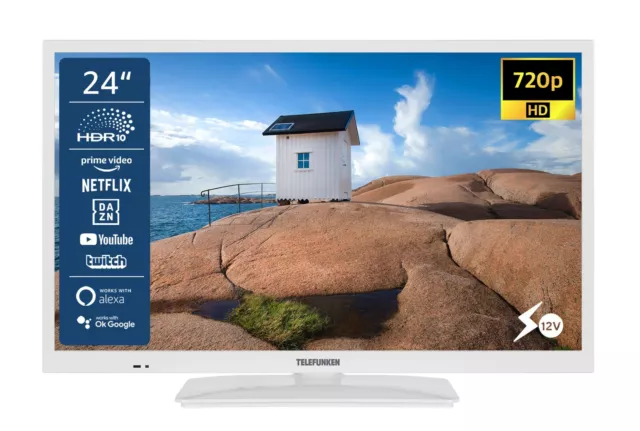 Telefunken Smart TV 24 Zoll 12V LED Fernseher 24 Zoll HD TV 24 Zoll 12 Volt Weiß