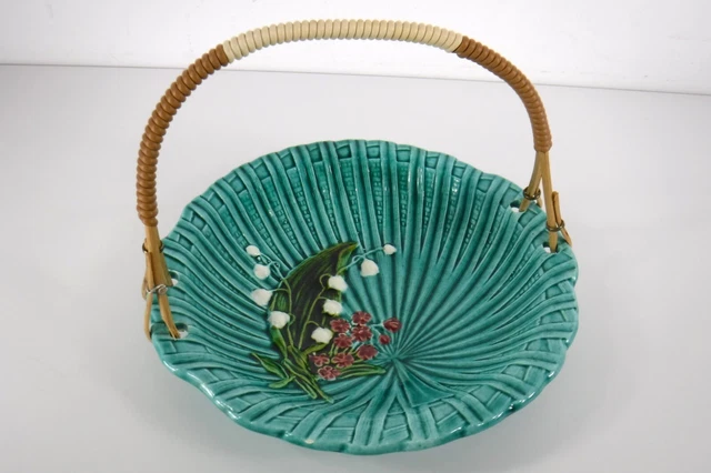 Majolica Lily of the Valley Art Nouveau Bowl with Handle Vintage Germany
