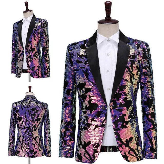 Mens Shiny Glitter Sequin Suit Jacket Coat Fancy Dress Show Costume Dance Party