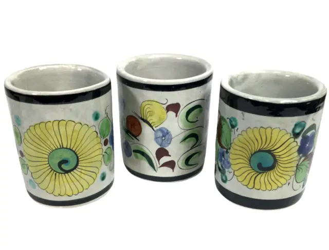 Tonala Mexico Coffee Mug Folk Art Stoneware Pottery Flower Floral Signed 3 Pc