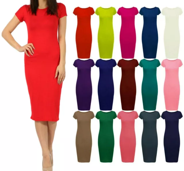 Womens Ladies Short Sleeve Bodycon Cap Sleeve Midi Dress Plus Size 8-26