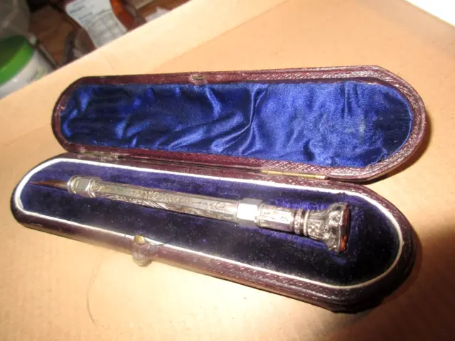 Beautiful Victorian Solid Silver & Citrine Combination Dip Pen & Pencil Cased
