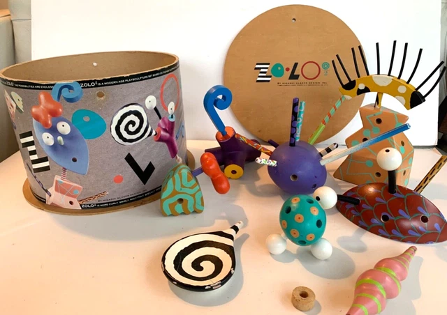 Vtg ZOLO Painted Wood Toy Set_Higashi Glaser Design Inc._Original Round Box_1989 Vtg ZOLO Painted Wood Toy Set_Higashi Glaser Design Inc._Original Round Box_1989