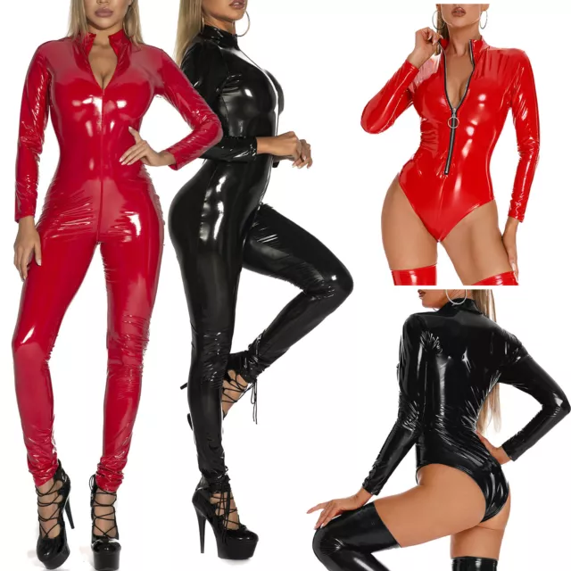 DE Damen Catsuit Ganzkörper Glänzend Wetlook Overall Langarm Bodysuit Clubwear